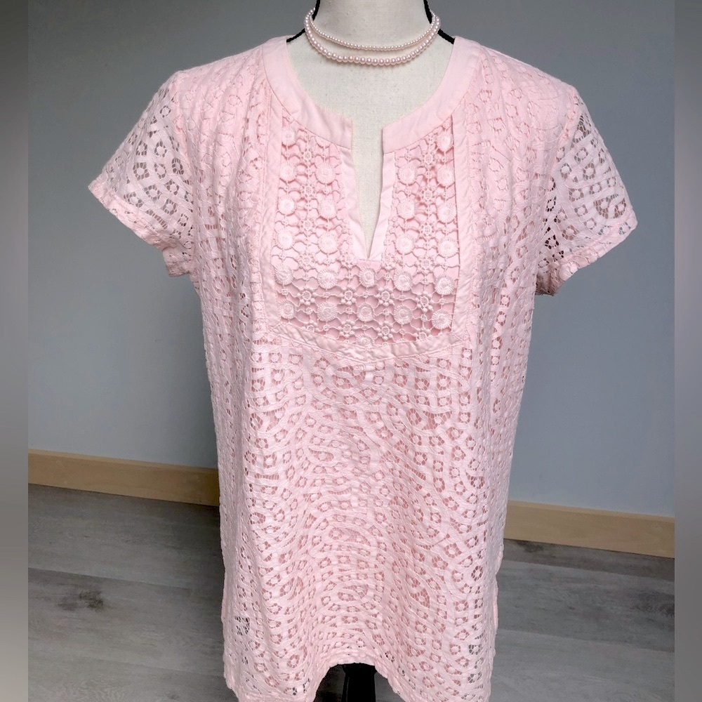 🌸💕Isaac Mizrahi Pink Cotton Crochet Lace Top Size Large